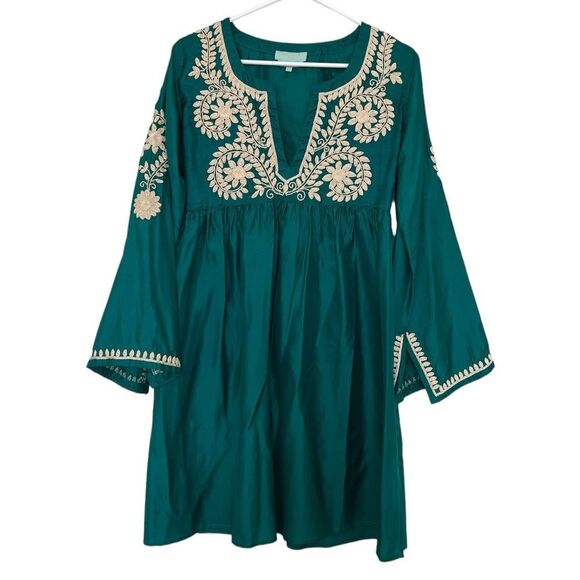 Emerald Green Leaves of Grass Mini Dress with Gold Embroidery - Picture 1 of 9
